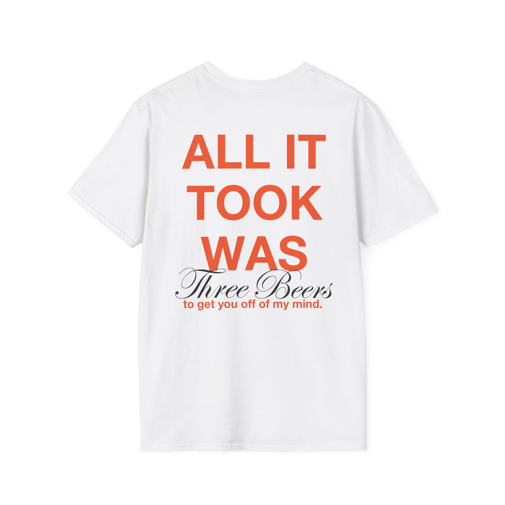 Gildan Softstyle T-Shirt — "All It Took Was Three Beers" Graphic Tee (Jax Jordening)