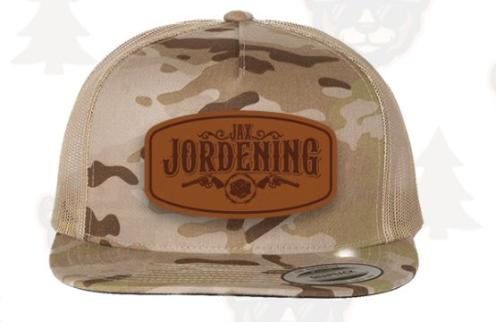 "Jax Jordening" Logo, Desert Camo Trucker Hat, Leather Patch